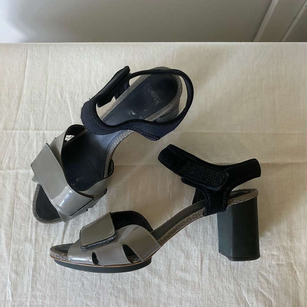 Velcro elastic shiny grey black Camper 3 inch heel dance club chunky comfortable